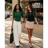 image:imageMANGOPOP Half Sleeve Tops for Women Crew Neck Slim Fitted Casual Going OutDeep Green