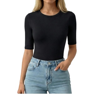 image:imageMANGOPOP Half Sleeve Tops for Women Crew Neck Slim Fitted Casual Going OutBlack