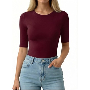 image:imageMANGOPOP Half Sleeve Tops for Women Crew Neck Slim Fitted Casual Going OutBurgundy