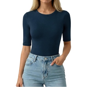 image:imageMANGOPOP Half Sleeve Tops for Women Crew Neck Slim Fitted Casual Going OutDeep Blue