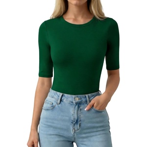 image:imageMANGOPOP Half Sleeve Tops for Women Crew Neck Slim Fitted Casual Going OutDeep Green