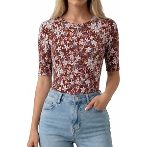 image:imageMANGOPOP Half Sleeve Tops for Women Crew Neck Slim Fitted Casual Going OutFloral Print