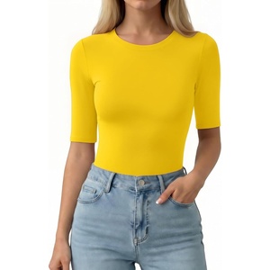 image:imageMANGOPOP Half Sleeve Tops for Women Crew Neck Slim Fitted Casual Going OutYellow