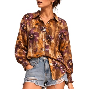 image:imageMANGOPOP Womens Floral Blouses Dressy Casual Button Down Shirts Fall TopsBrown Background Flower
