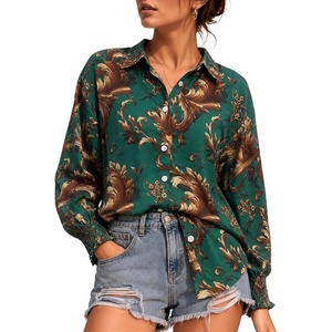 image:imageMANGOPOP Womens Floral Blouses Dressy Casual Button Down Shirts Fall TopsGreen Background Flower